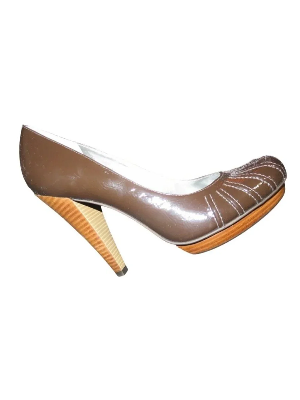 Gianni Bini Midtown Hershey Brown Italian Patent Leather Pumps Wood Stacked Heel